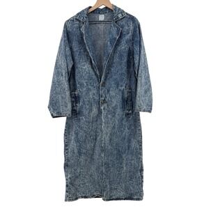Vintage Acid Wash Denim Duster Coat Women M Long Jean Jacket 80s Shoulder Pads‎